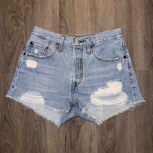 Levis 501 Shorts Womens 27 Light Wash Button Fly Distressed